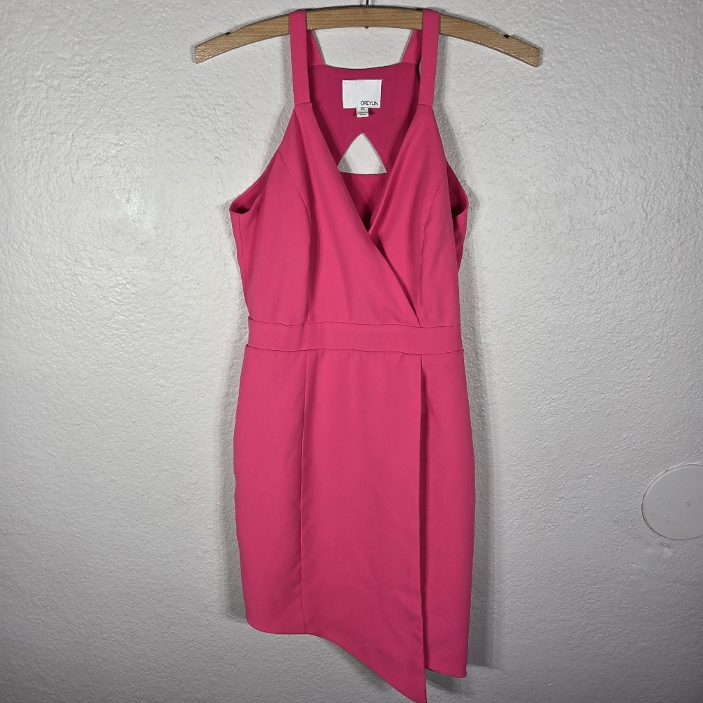 Greylin Halter Neck Mini Dress XS CutOff Assymetrical V-Neck Hot Pink
